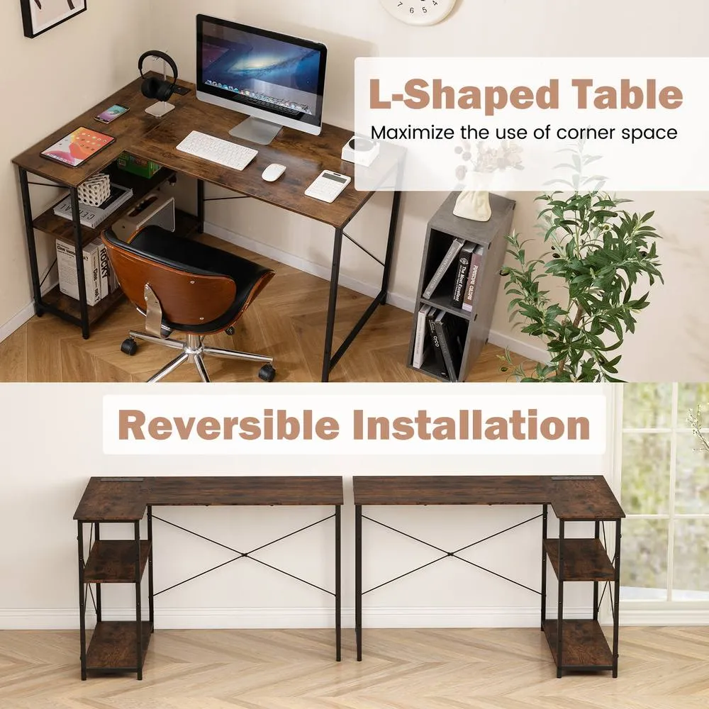Costway L-shaped Computer Desk w/Power Outlet Workstation w/Reversible Shelves in Brown 6