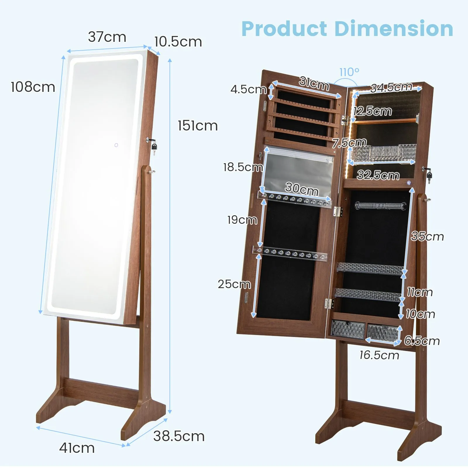 Costway Standing Jewelry Cabinet Lockable Jewelry Armoire w/ LED Lights in Brown 2