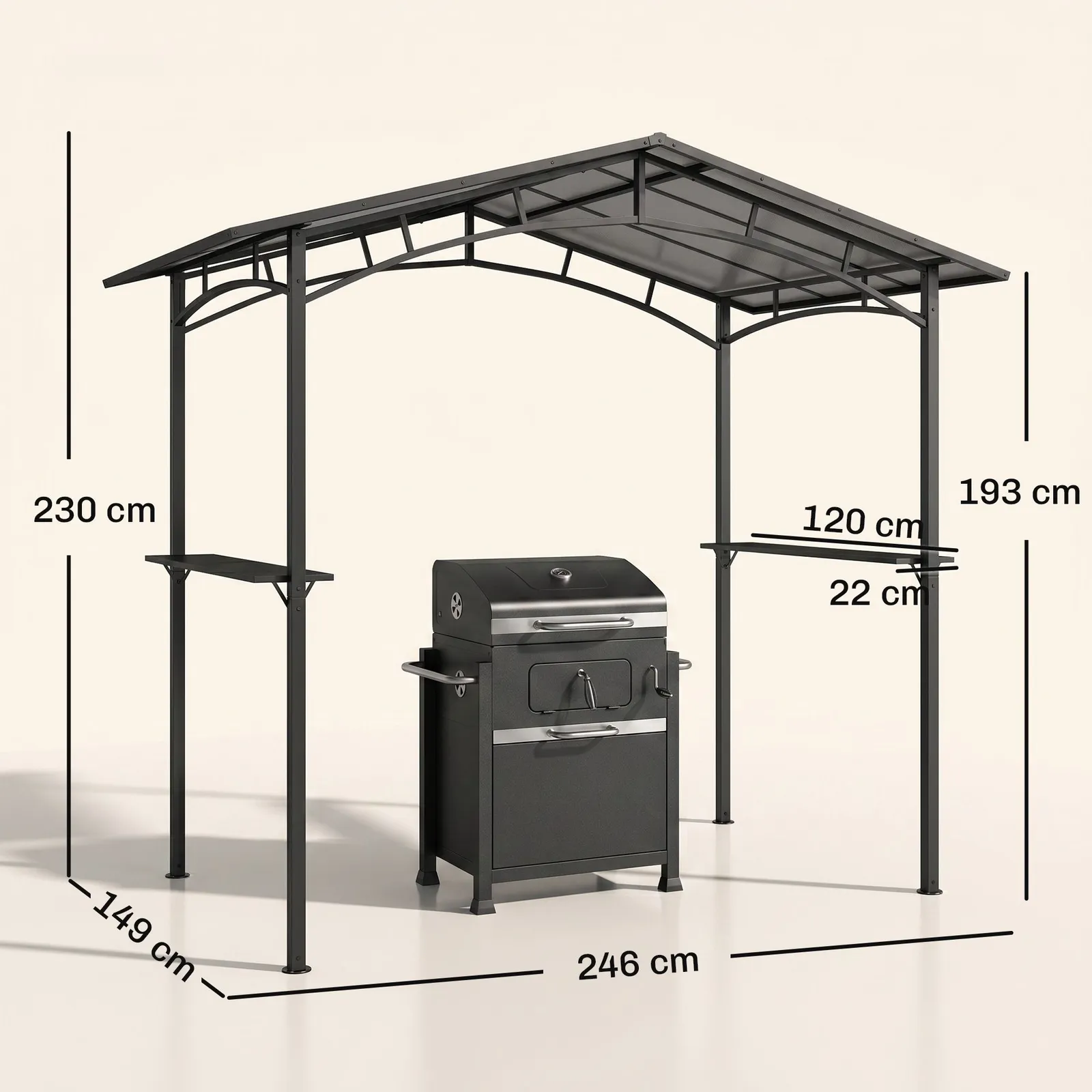 OUTSUNNY 8ft x 5ft Outdoor BBQ Protective Gazebo Aluminium Frame w/ 2 Shelves in Black 3