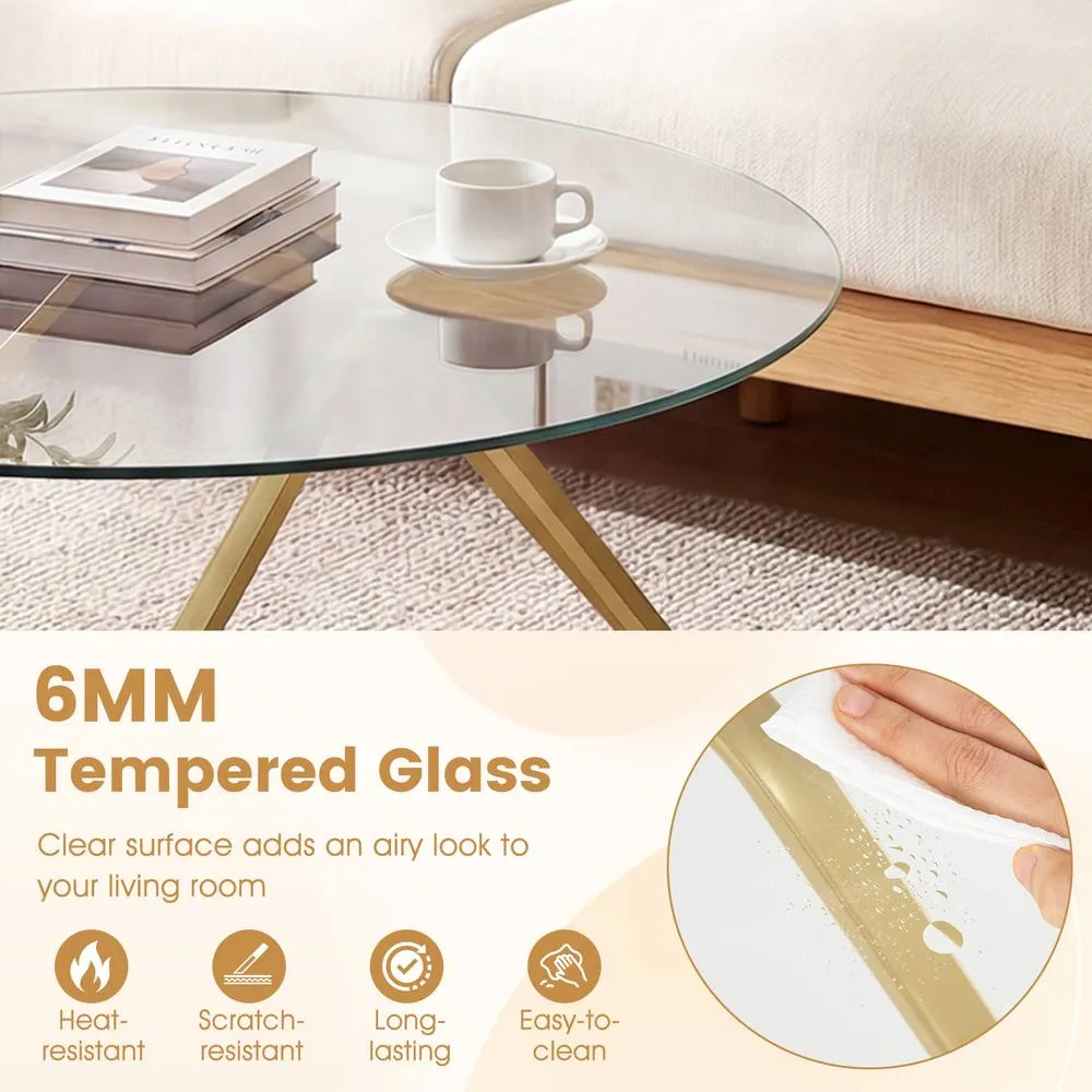 Costway Tempered Glass Coffee Table Round Accent Table Center Cocktail Table in Gold 6