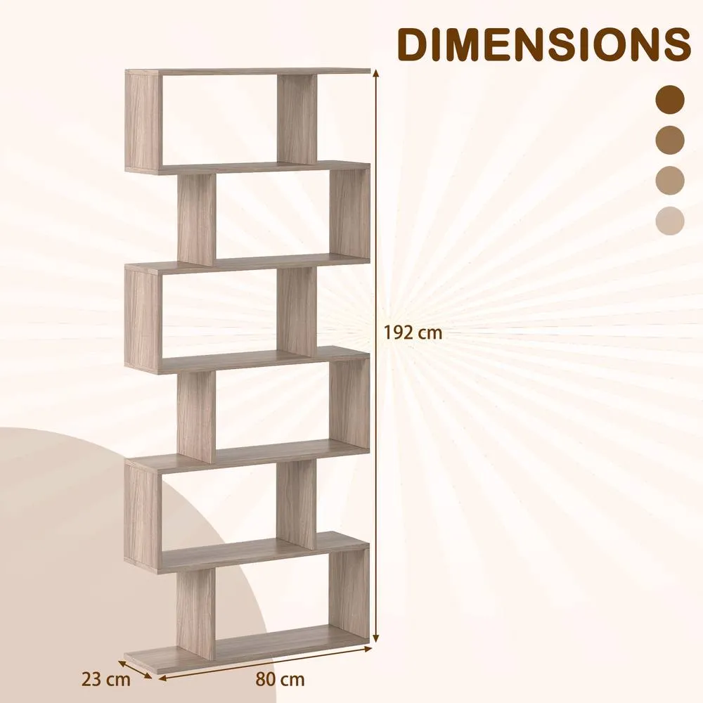 Costway 6-tier Bookcase S-Shaped Bookshelf Wooden Storage Display Rack in Light Oak 2