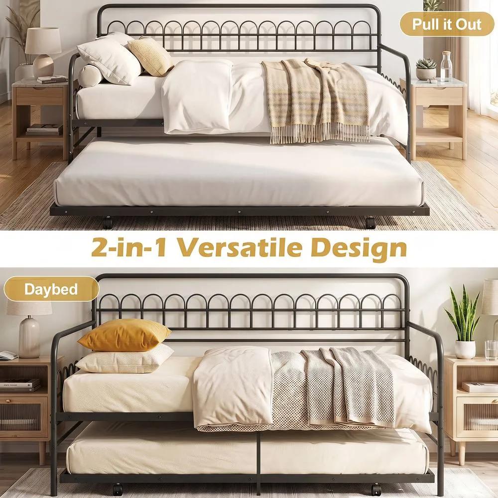 Costway Single Daybed with Trundle Metal Sofa Bed w/ Curved Backrest in Black 5
