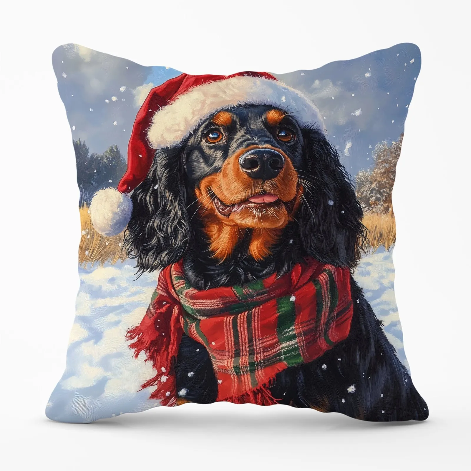 Warren Reed - Designer Snowy Christmas Gordon Setter Cushion in Brown