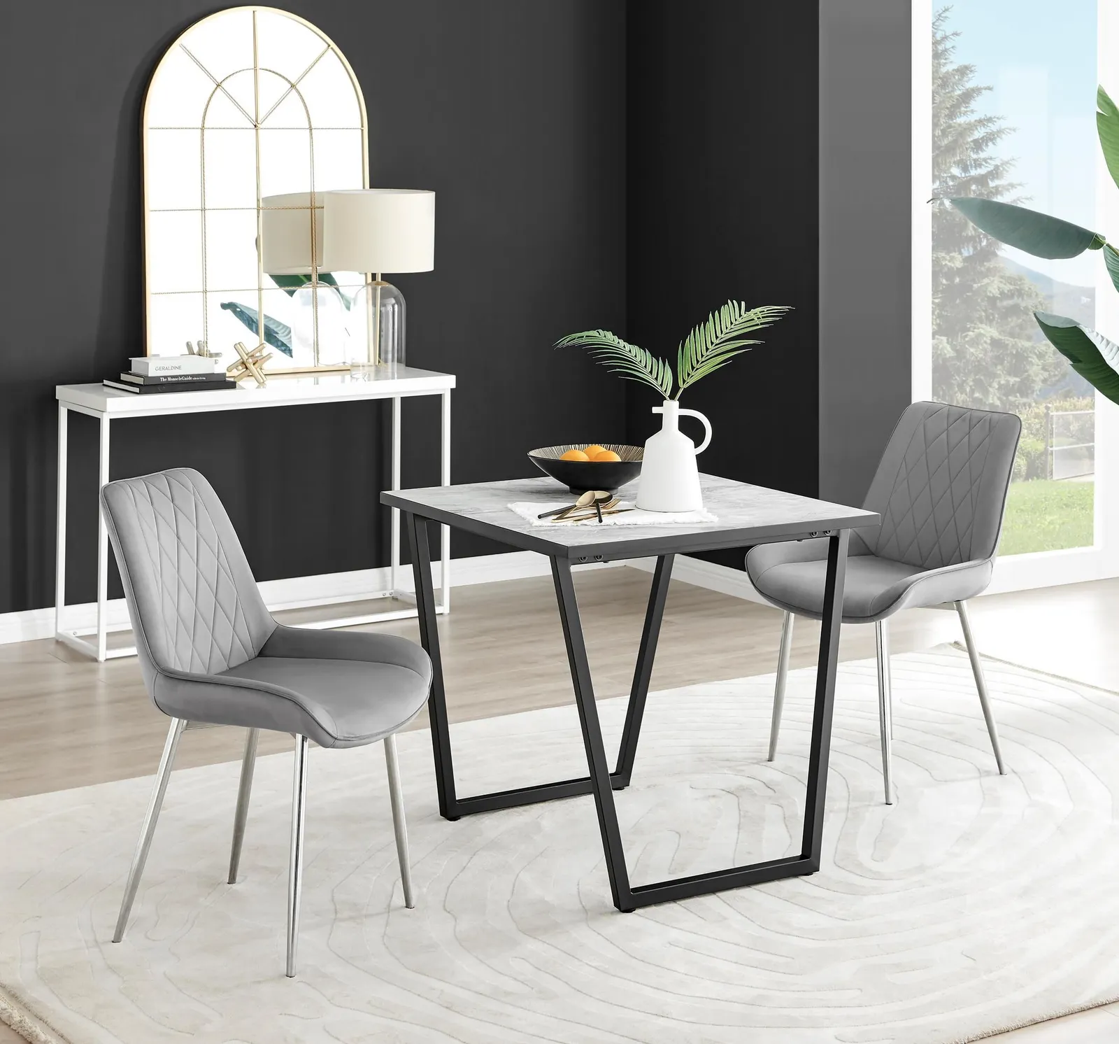 FurnitureboxUK Carson White Marble Effect Square Dining Table & 2 Velvet Pesaro Silver Leg Chairs in Grey