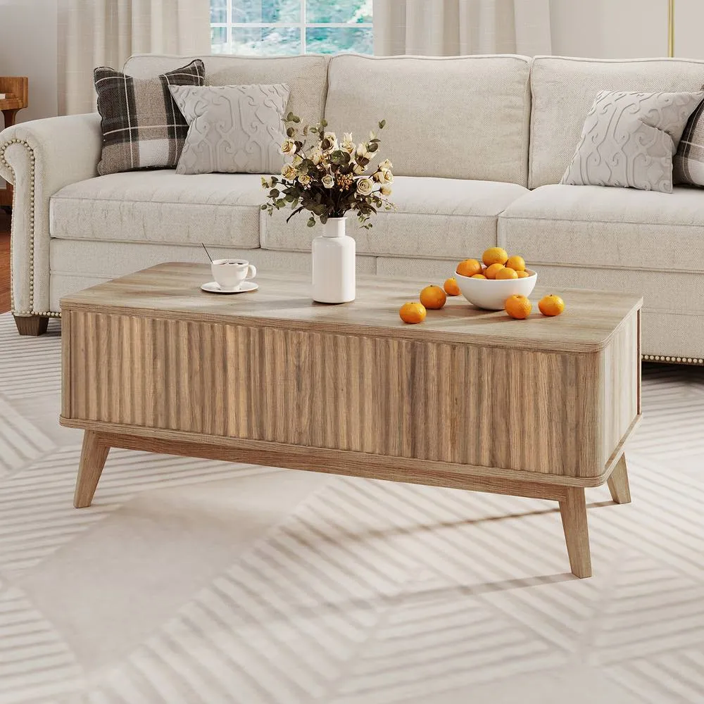 Costway Fluted Lift Top Coffee Table 110CM Rectangle Wooden Center Table in Light Brown 6