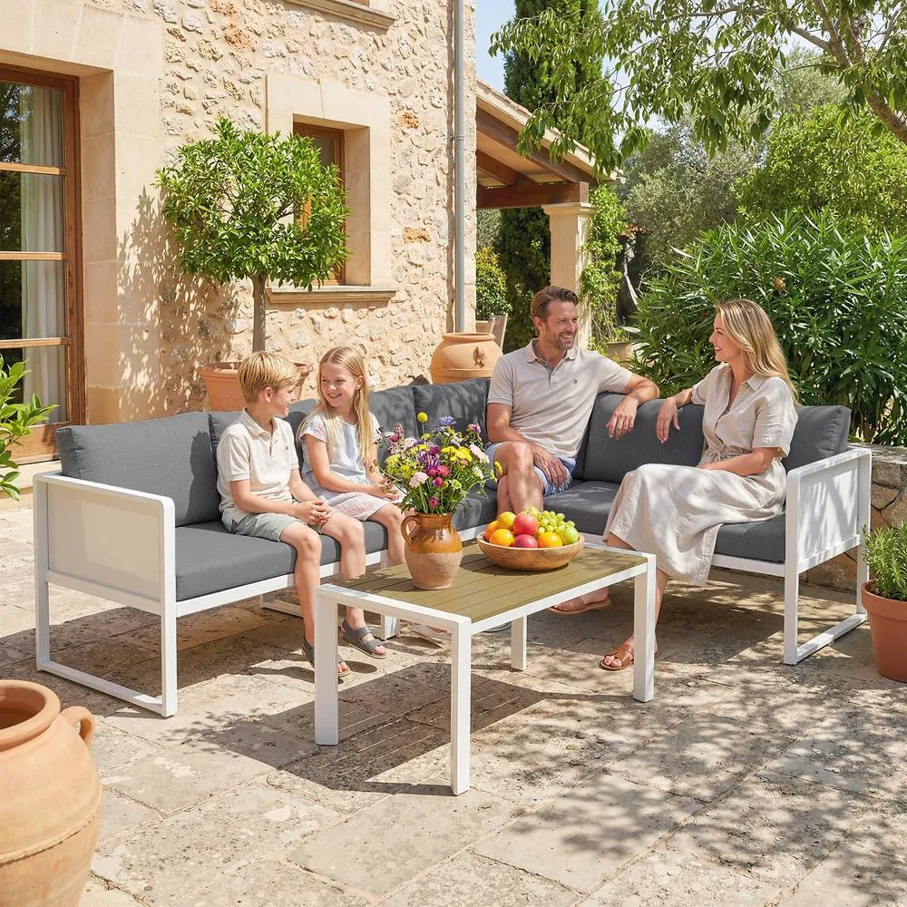 OUTSUNNY 6 Seater Metal Garden Furniture Corner Sofa Set, White