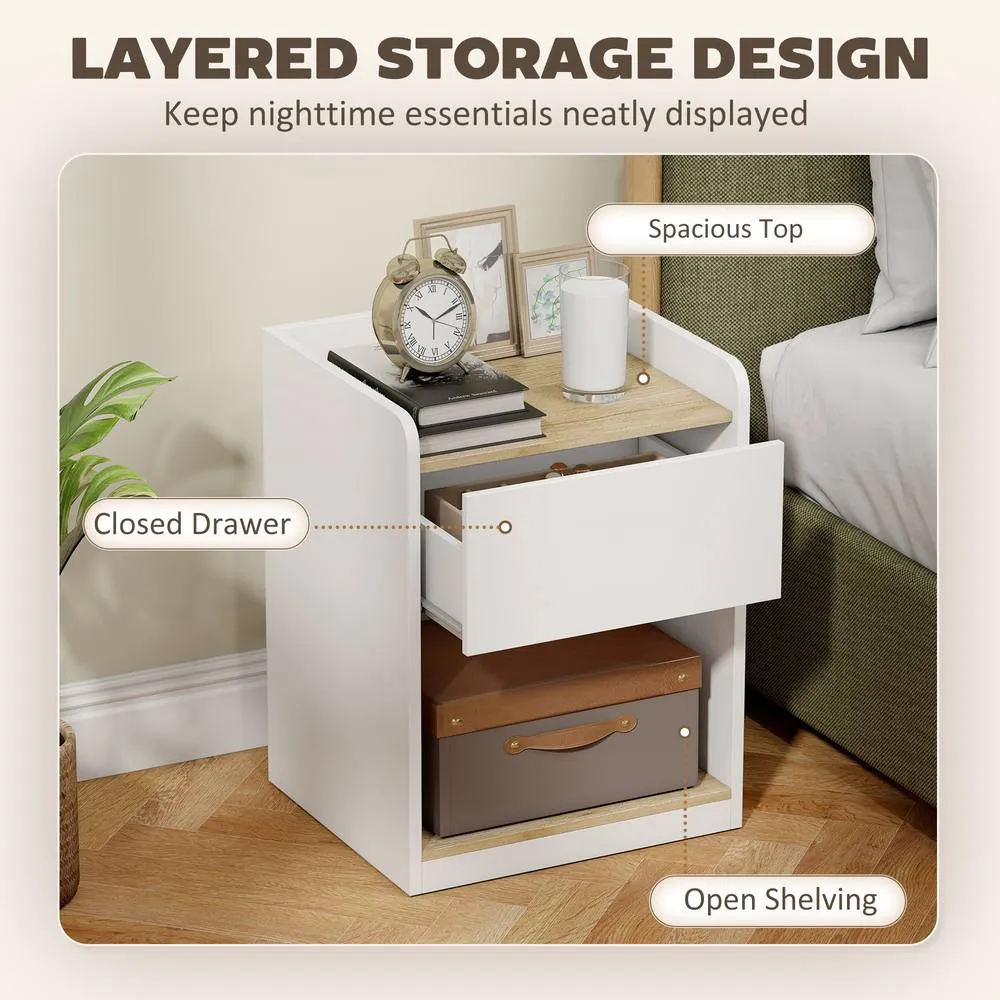 HOMCOM Bedside Table with Drawer & Shelf, White & Oak 4
