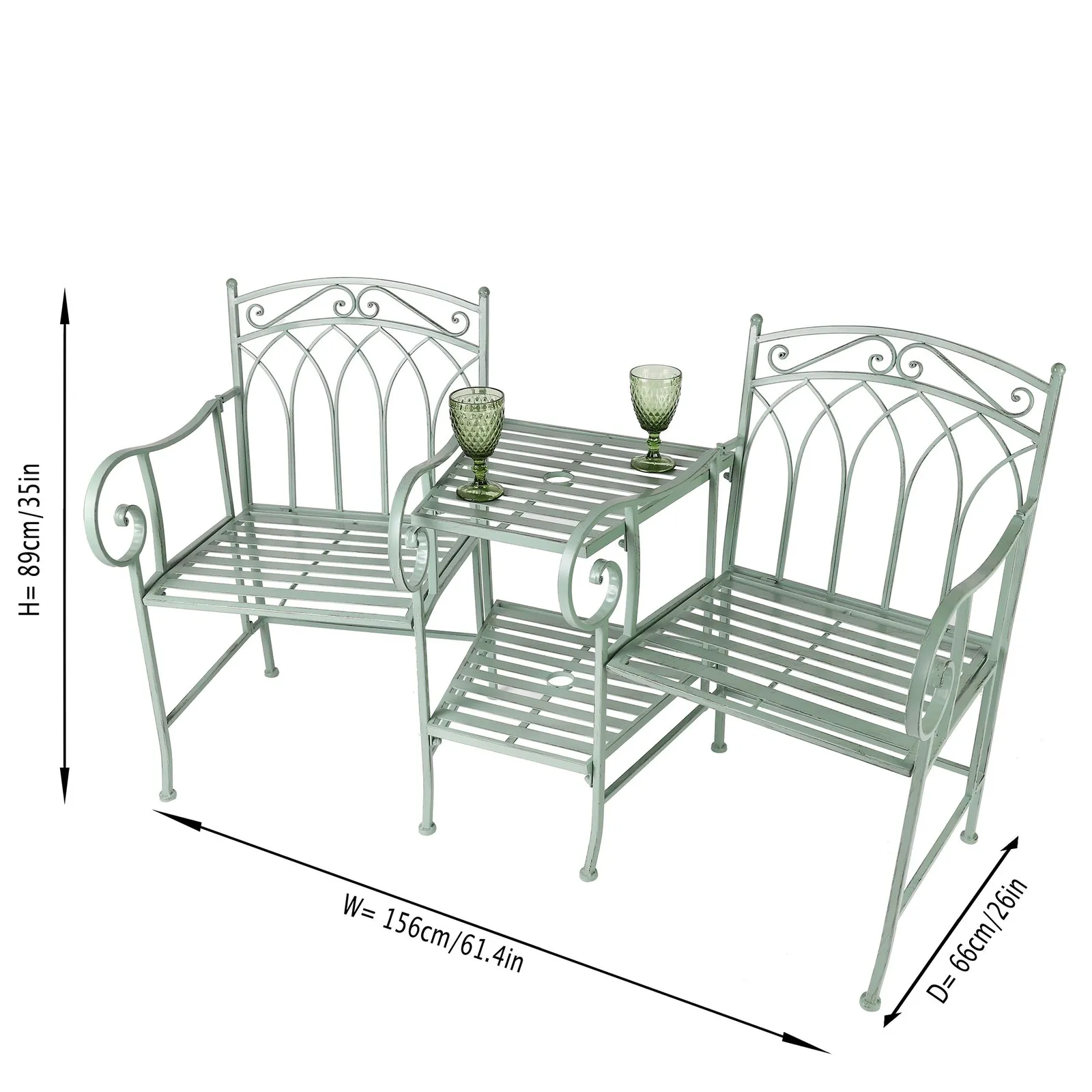 Dibor Vintage Green Iron Arched Indoor Outdoor Garden Furniture Companion Seat Garden Bench 5