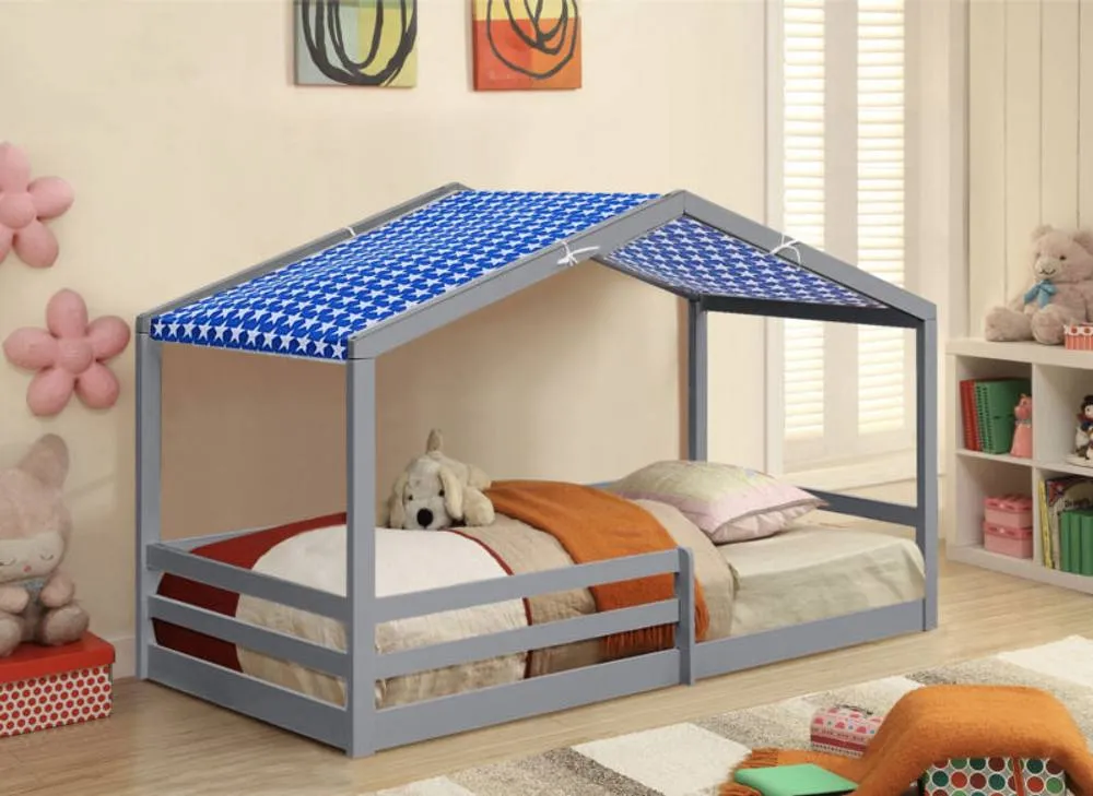 Comfy Living Ltd 3ft Wooden House Bed With Blue Tent in Grey 1