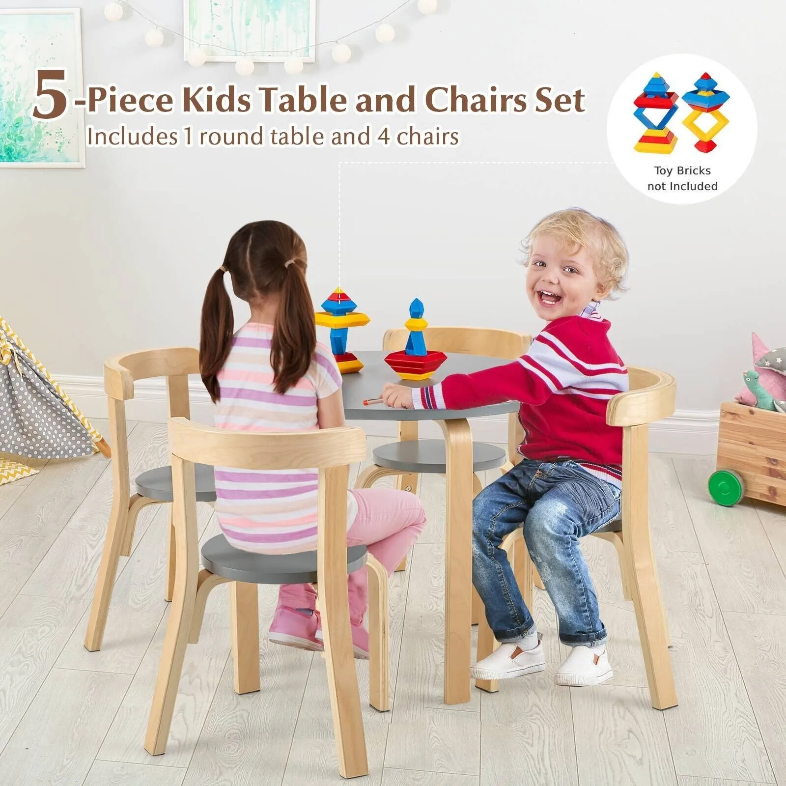 Costway 5-Piece Table & Chair Set Wooden Activity Table 4 Curved Chairs in Grey 6