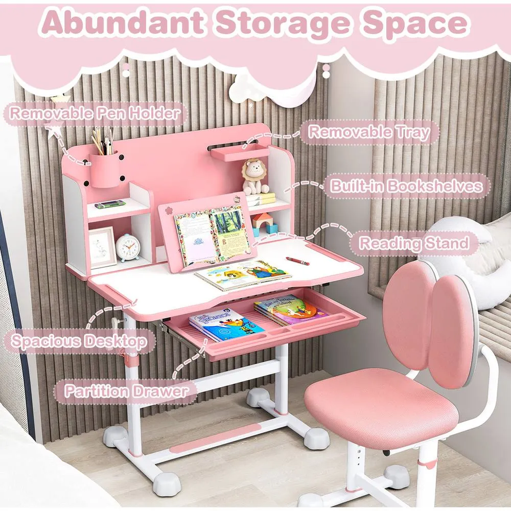 Costway Kid's Study Desk & Chair Set Adjustable Desk-Pink in Pink 3