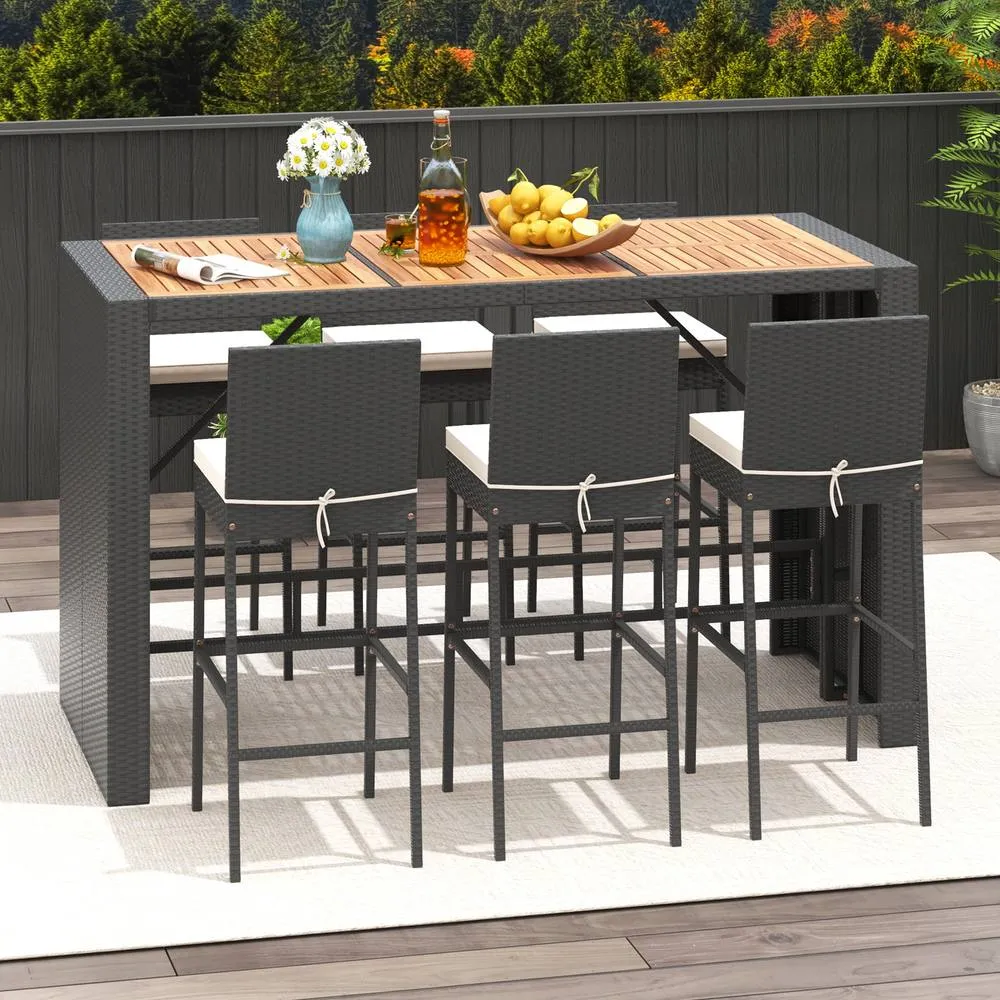 Costway 7 Pieces Patio Rattan Bar Set 6 Wicker Bar Height Chairs in Black 6