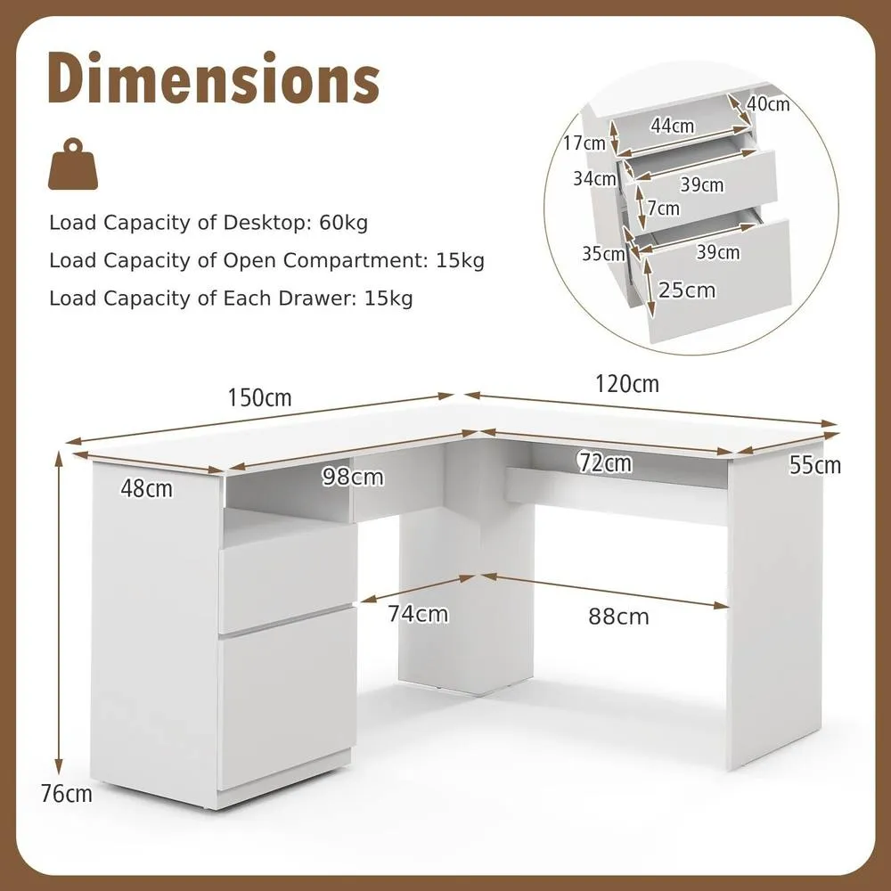 Costway L-Shaped Computer Desk 150cm Modern Writing Study Table w/ Drawers in White 2