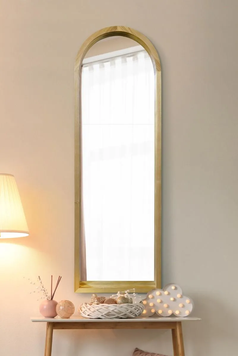 MirrorOutlet Solid Oak Framed Arched Leaner / Wall Mirror 47" X 16" (120CM X 40CM) in Beige