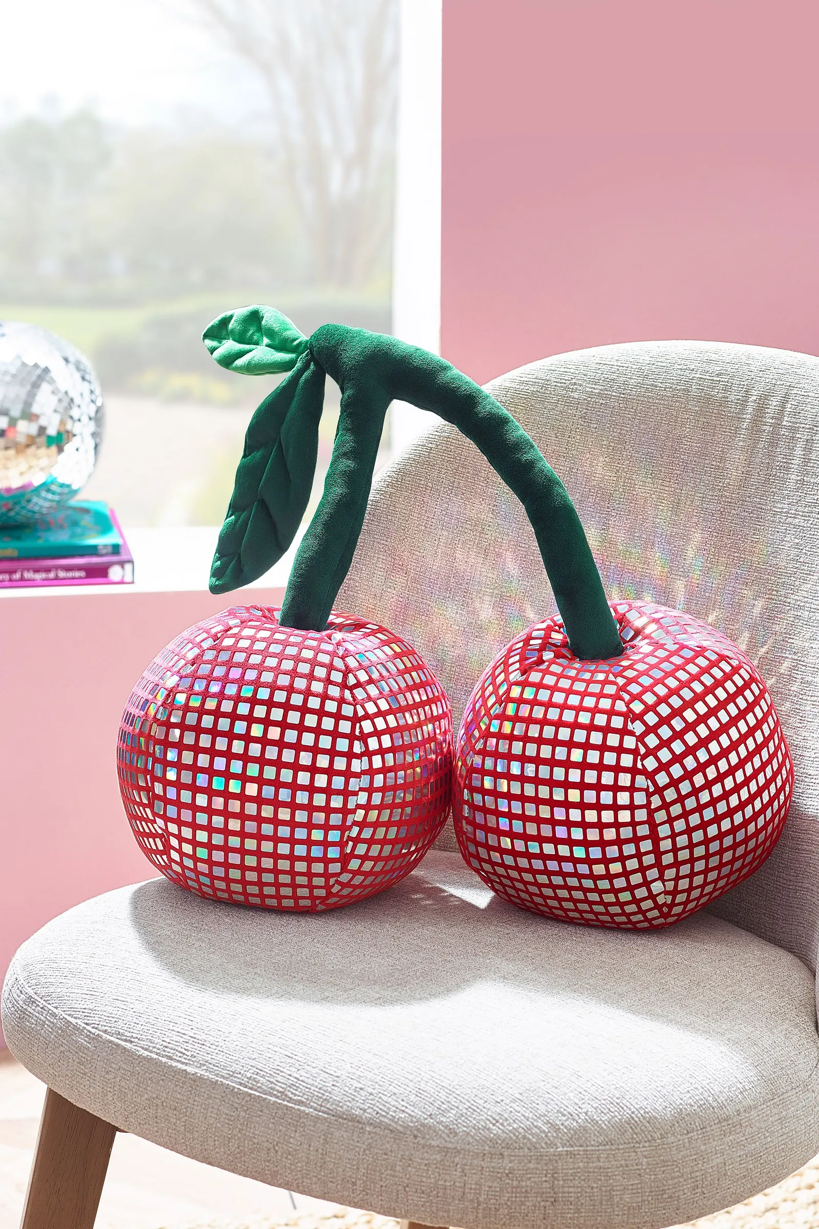 Catherine Lansfield 'Disco Cherries' 3D Shaped Cushion in Pink