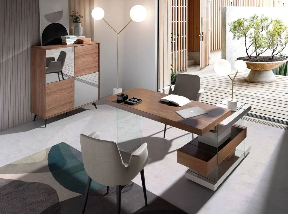Angel Cerda Walnut-Veneer Writing Desk with Tempered Glass Legs in Brown 3