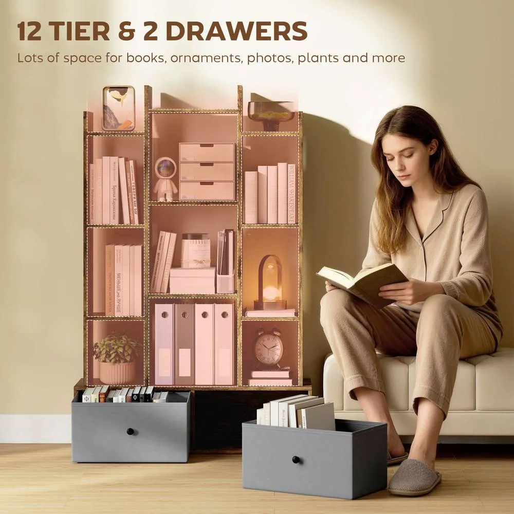 HOMCOM 12-Tier Bookshelf, Bookcase w/ 2 Folding Drawer, Rustic Brown 4