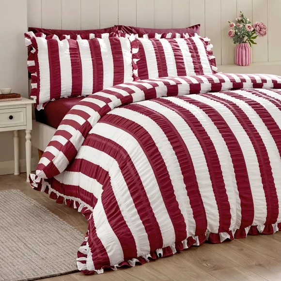 Catherine Lansfield Seersucker Frill Stripe Polycotton Duvet Cover & Pillowcase Set 1
