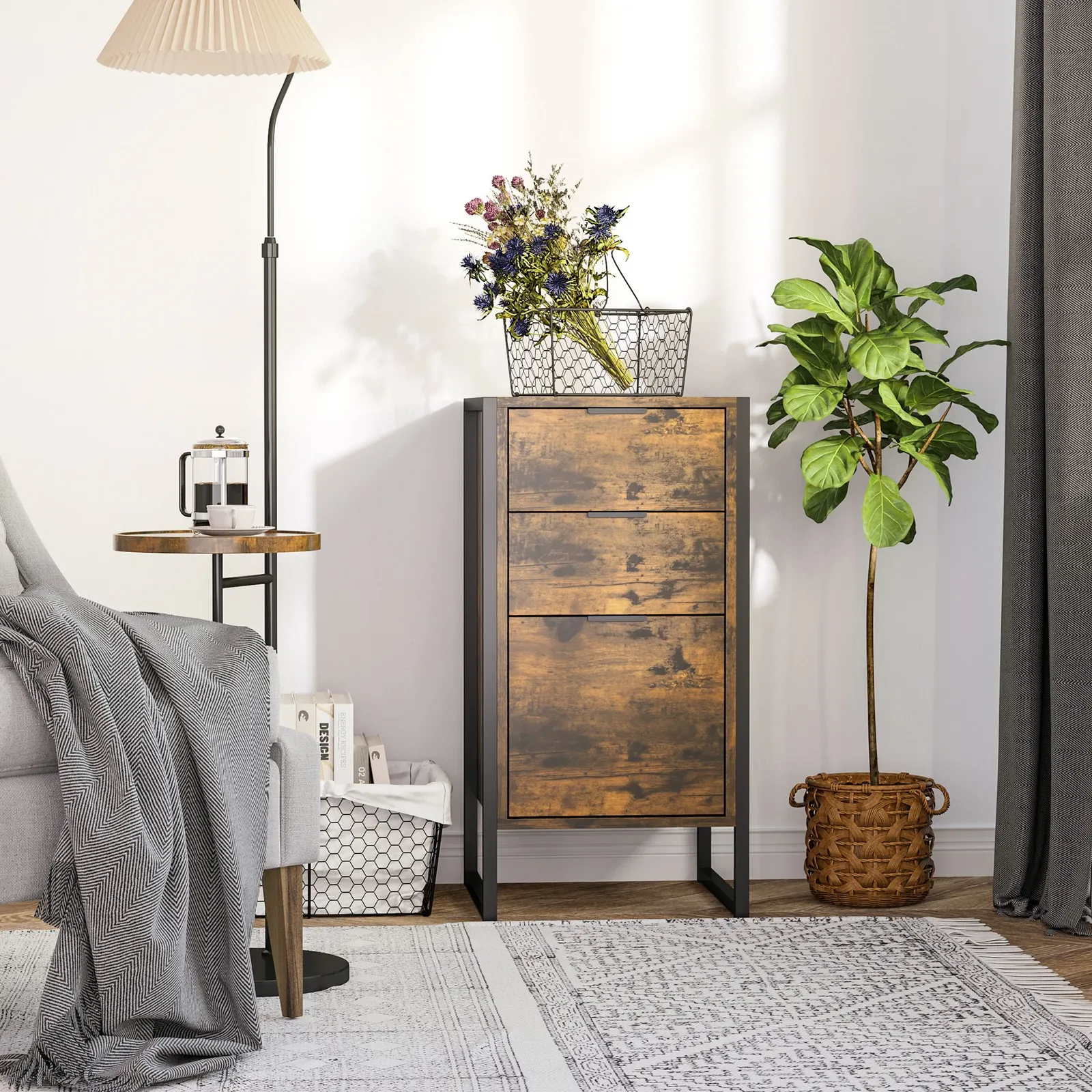 HOMCOM Industrial 3-Drawer Bedroom Chest of Drawers with Metal Frame in Brown