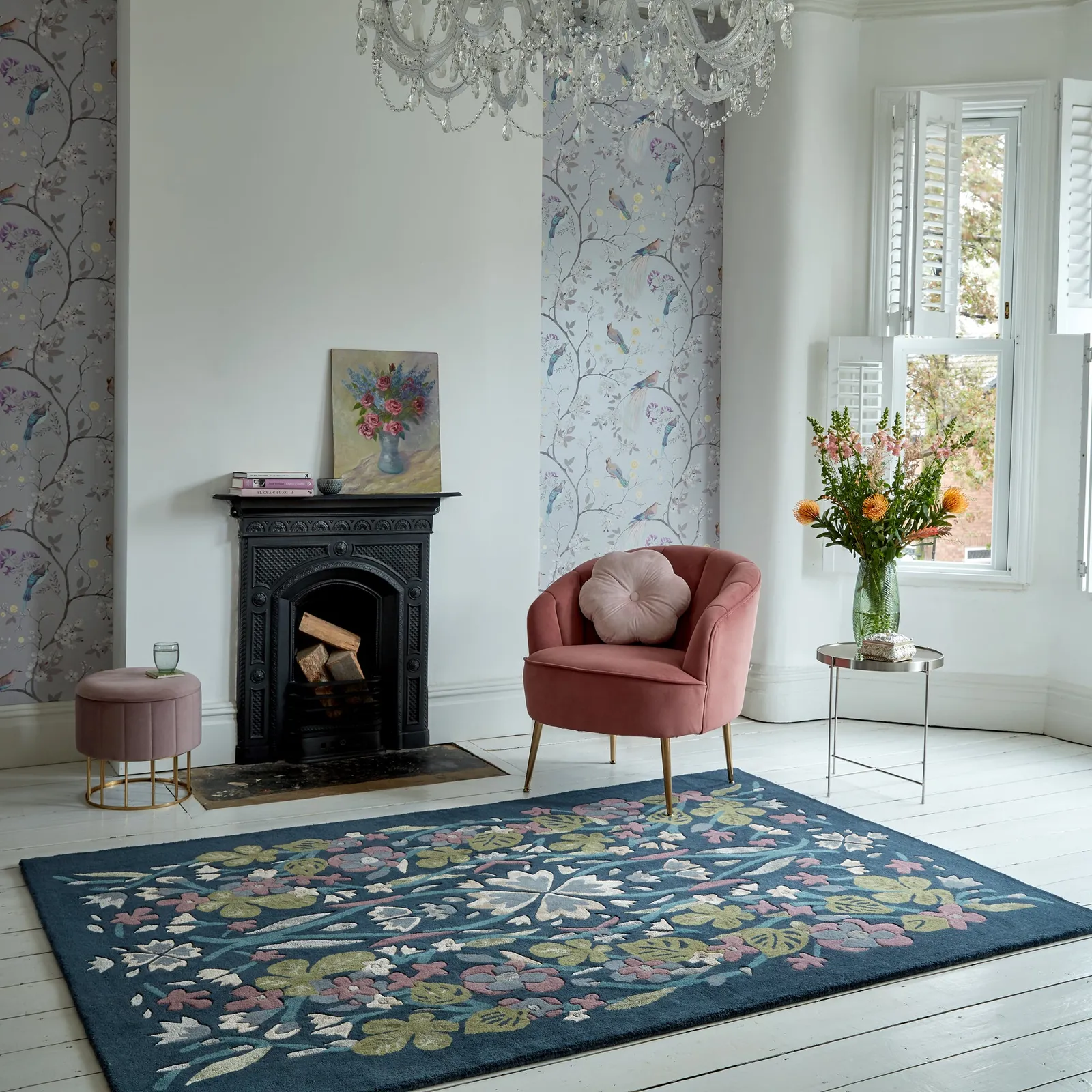 Charlotte Floral Wool Mix Rug Blue, Pink and Green