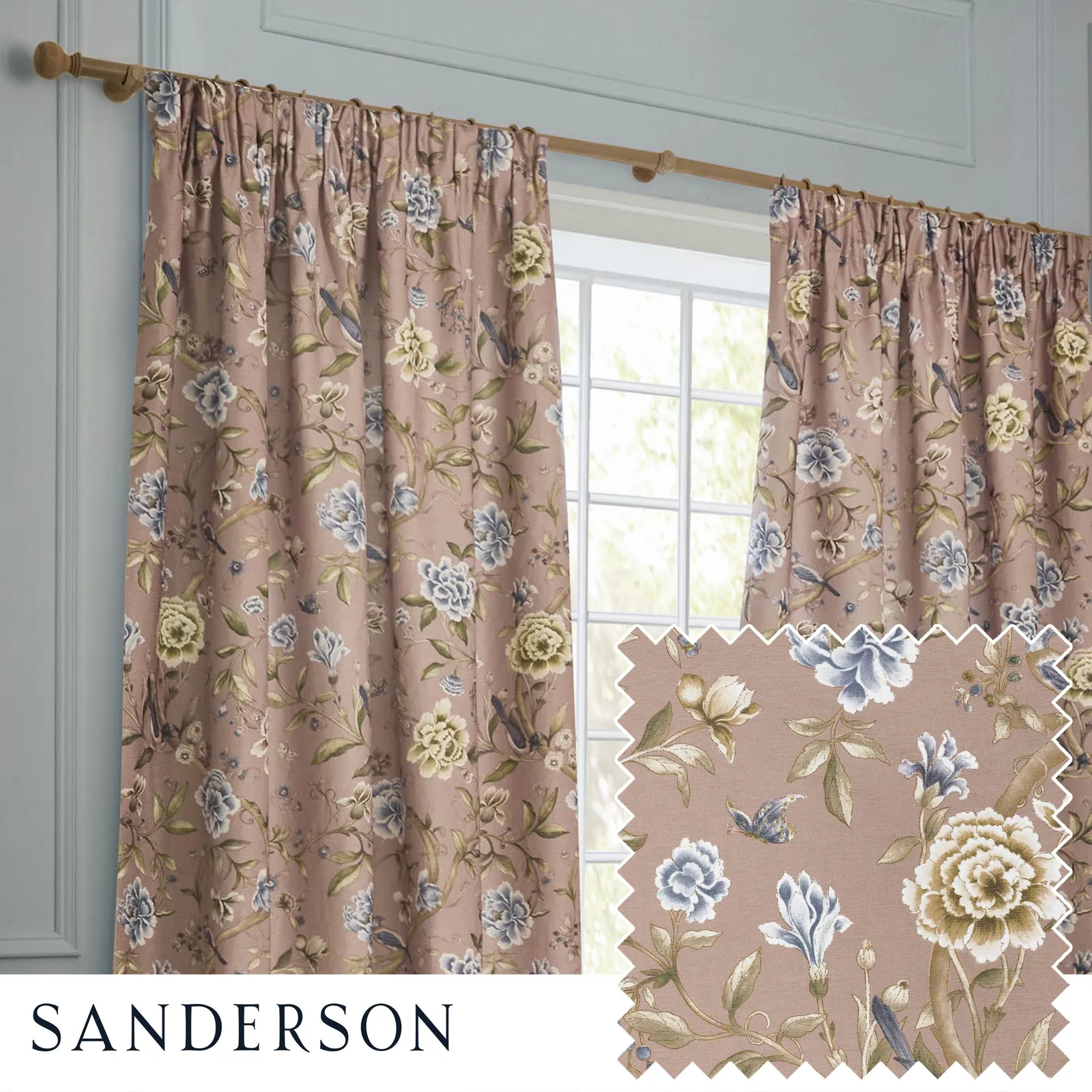 Sanderson Porcelain Garden Printed Chenille Room Darkening Pencil Pleat Curtains in Dusty Pink 1