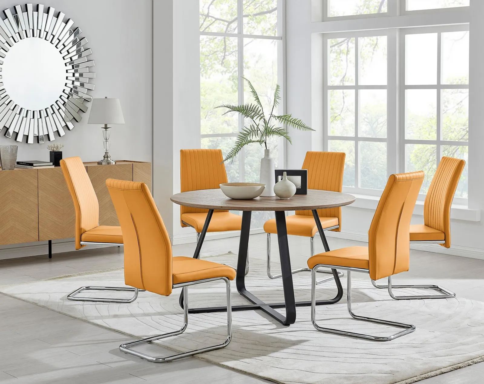 FurnitureboxUK Santorini Brown Wood Effect Dining Table & 6 Black Lorenzo Chairs in Mustard 1