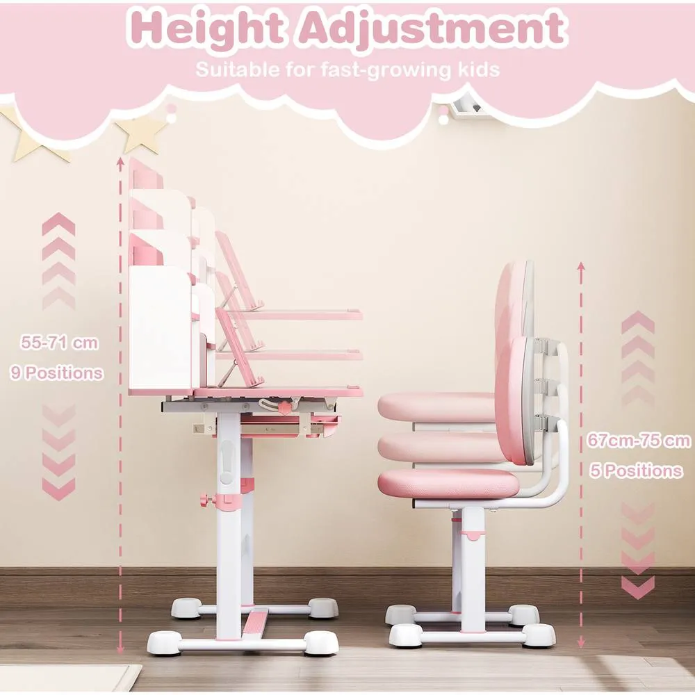 Costway Kid's Study Desk & Chair Set Adjustable Desk-Pink in Pink 2