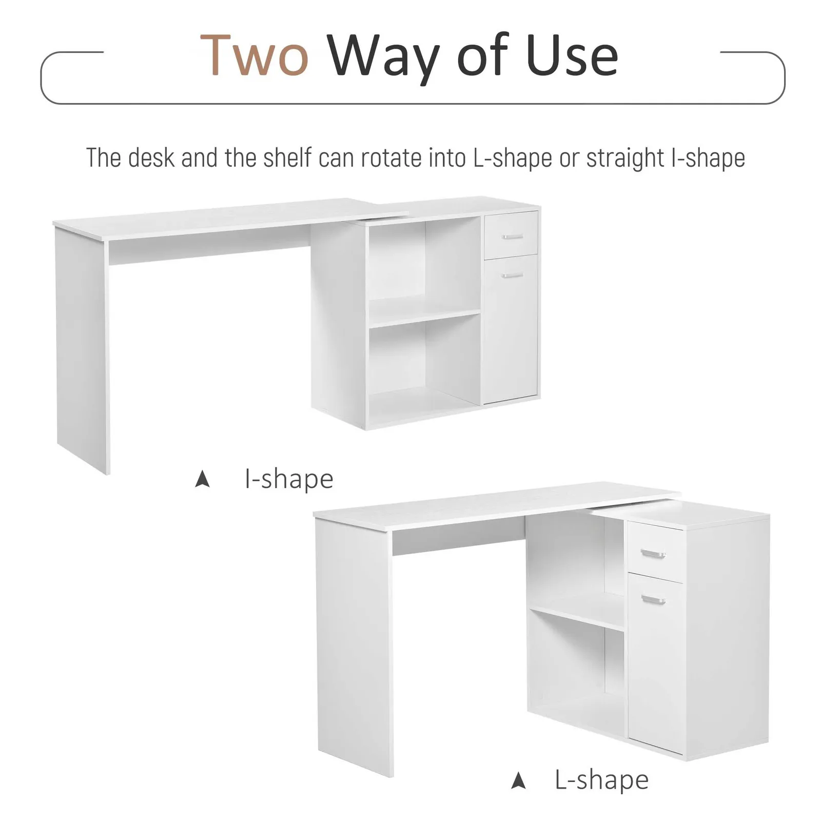 HOMCOM Corner Computer Desk 180° Rotating Dining Table W/ Storage Shelf in White 6
