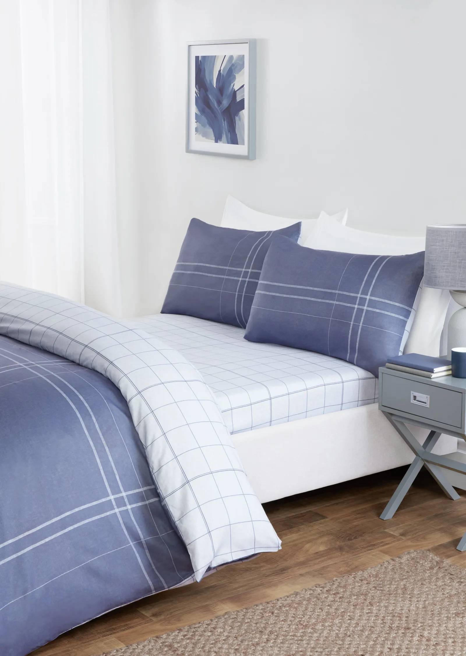 Rapport Home Hudson Microfibre Check Complete Duvet Cover Set With Pillowcase in Mid Navy