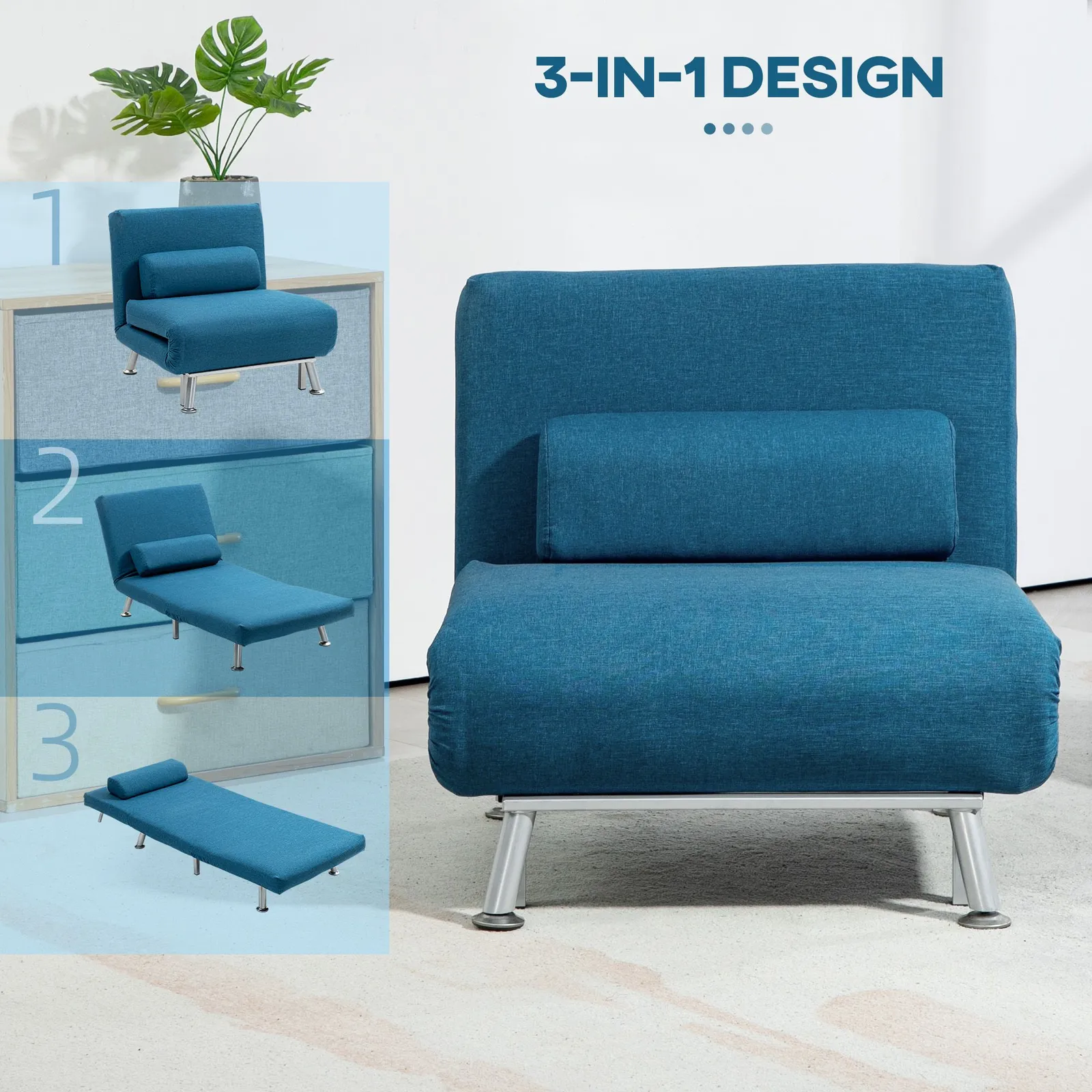 HOMCOM Folding 5 Position Convertible Sleeper Chair Sofa Bed Blue 4