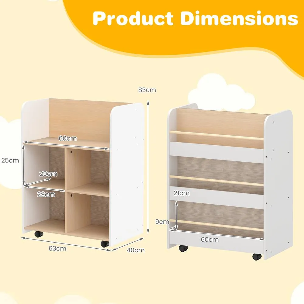 Costway 3-Tier Bookshelf w/ Wheels Double-sided Book Display & Storage Cart in White 3