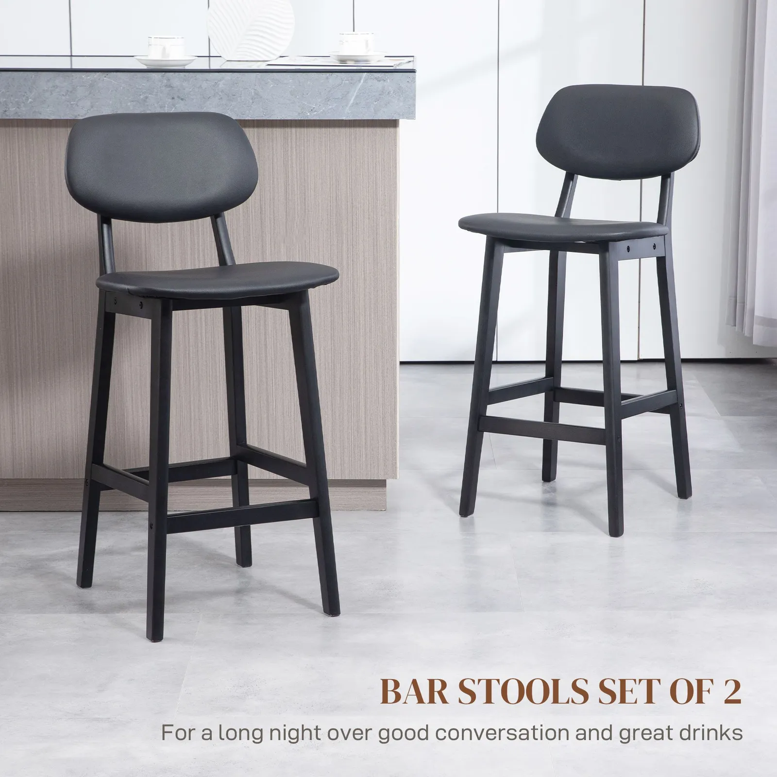 HOMCOM Breakfast Bar stools Set of 2 with PU Leather Cover, Wood Legs in Black 4