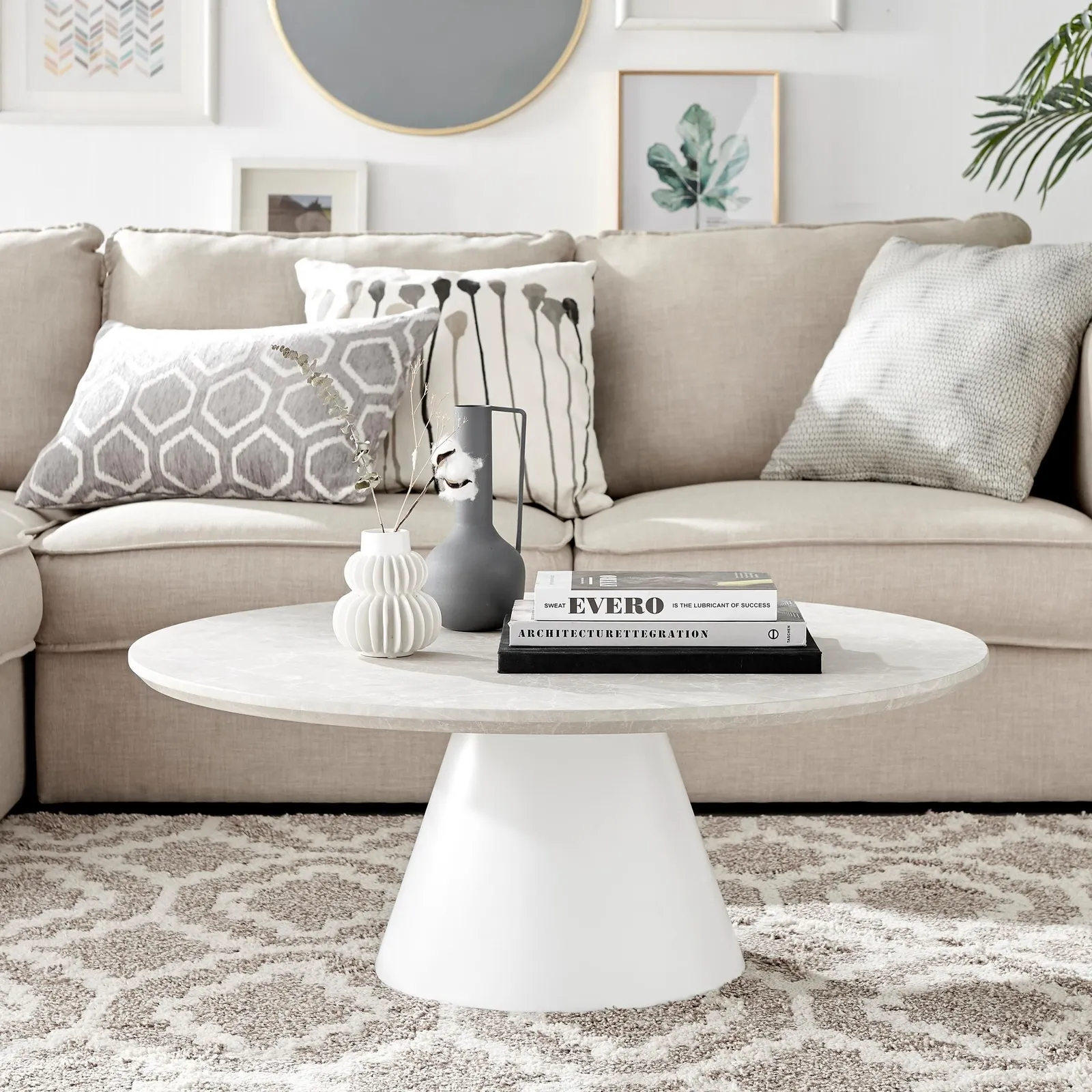 FurnitureboxUK Palma Round Coffee Table with Pedestal Pillar Base & Semi-Matte or High Gloss Finish for Modern Minimalist Industrial Look in Beige 1