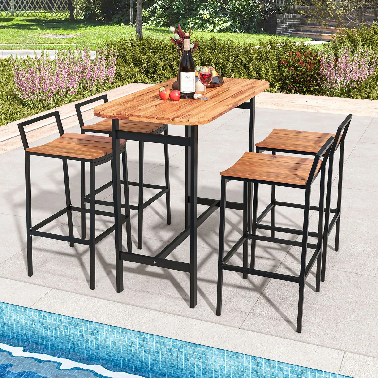 Costway 5Pcs Acacia Wood Bar Table Set Outdoor Bar Height Table & Chairs in Natural 5