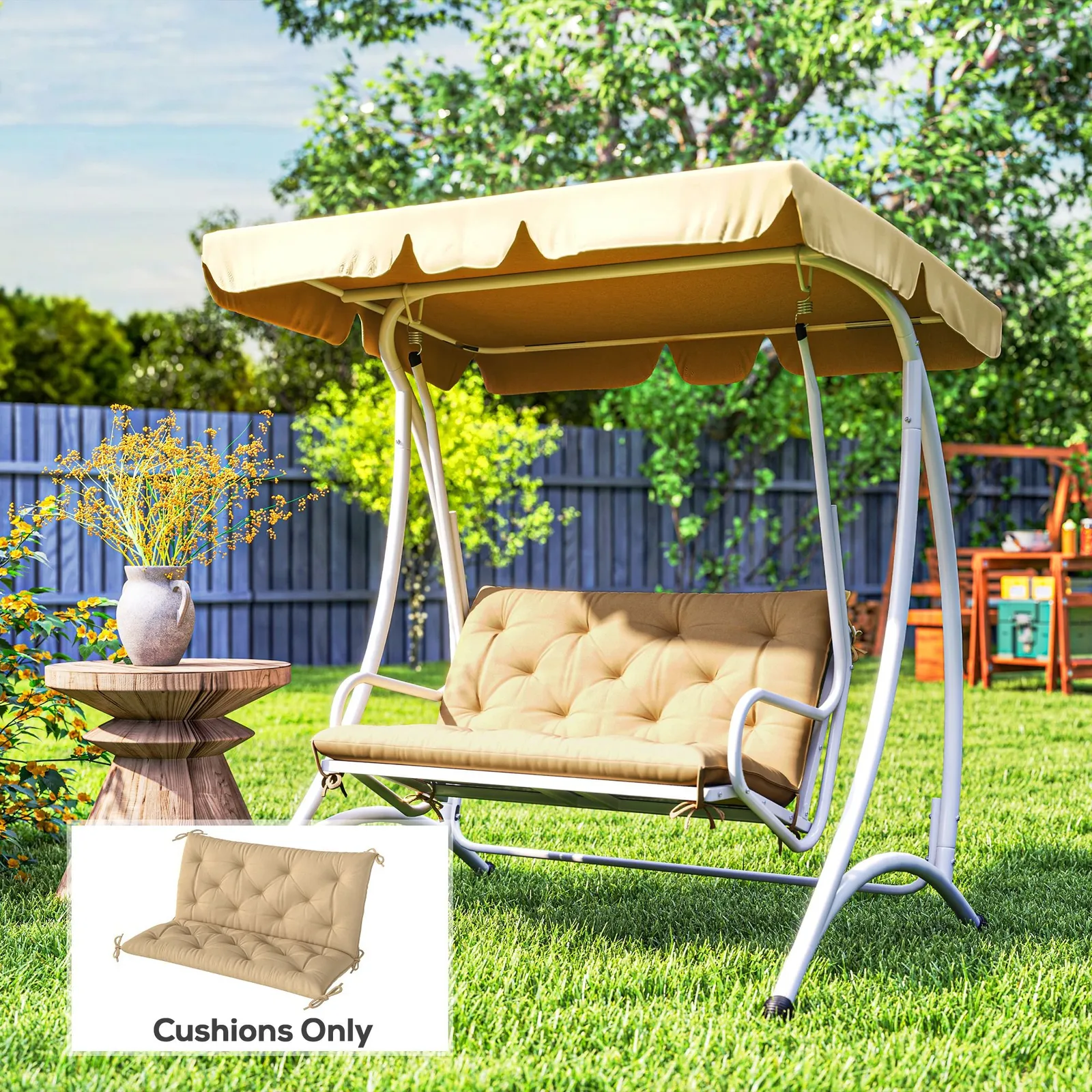 OUTSUNNY 2 Seater Garden Bench Cushion Outdoor Seat Pad with Ties in Khaki 1