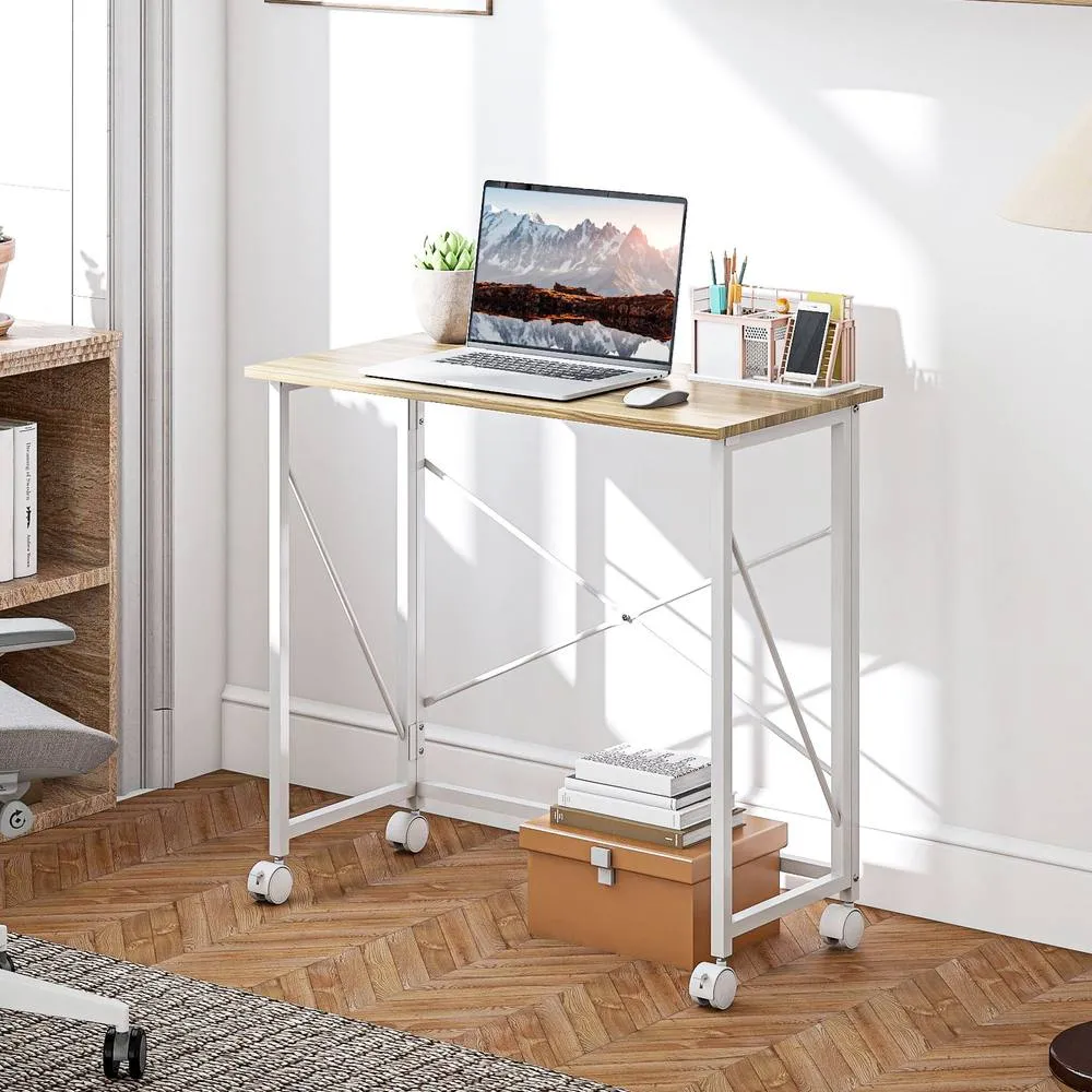 HOMCOM Folding Desk on Wheels, Writing Table for Home Office, Natural in Light Oak