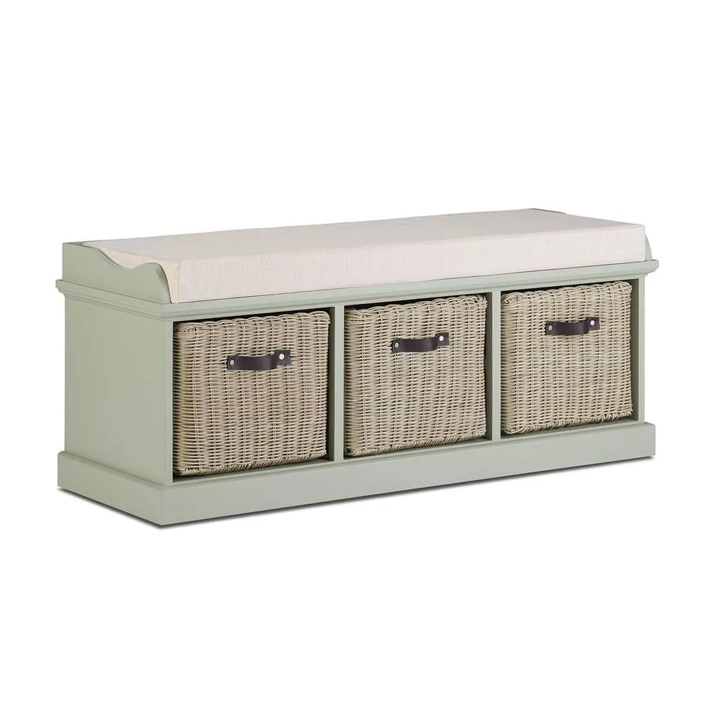 Statement Furniture Tetbury Bench with 3 Brown Faux Rattan Baskets & Cream Cushion in Light Green 1