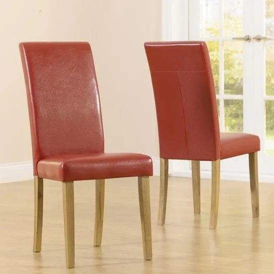 Cephas Red Faux Leather And Solid Oak Dining Chairs In Pairs