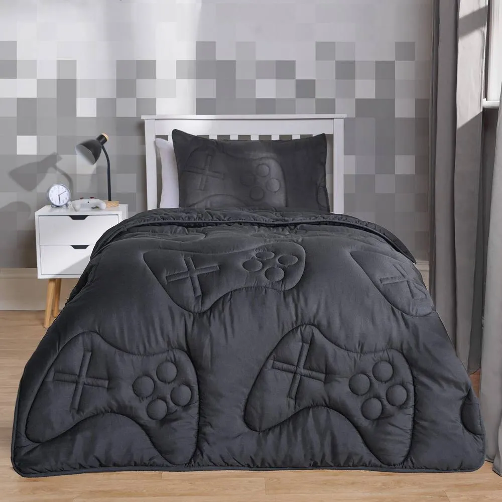 OHS Gaming Duvet Coverless Quilted 7.5 TOG Pillowcase Set Embossed in Charcoal