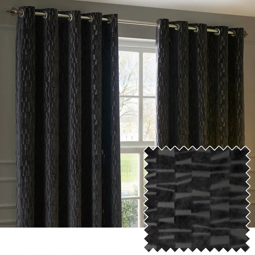 Paoletti Manhattan Velvet Eyelet Curtain Pair in Charcoal 1