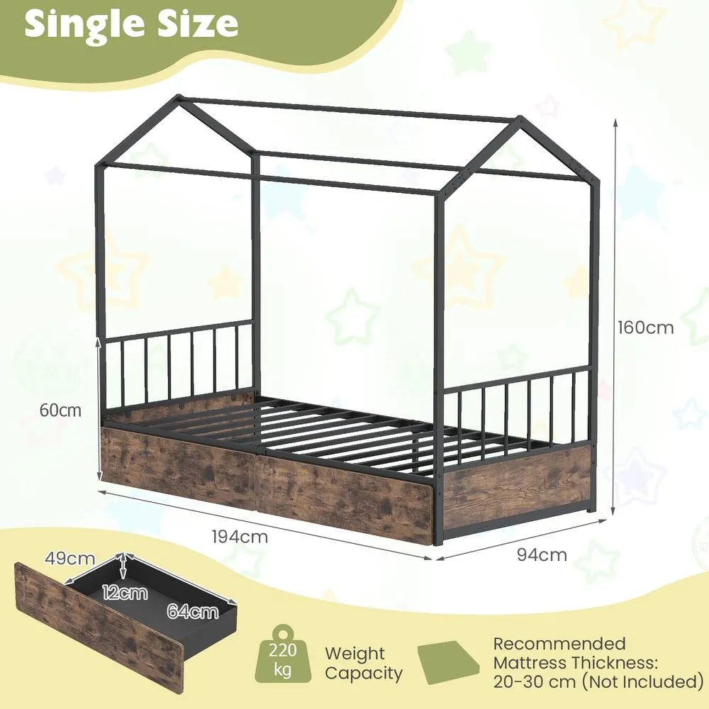 Costway Single Size Bed Frame w/2 Drawers Platform Bed w/Headboard & Footboard in Brown 2