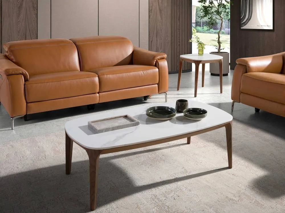 Angel Cerda Oval Porcelain Marble Coffee Table with Walnut Veneer in White 3