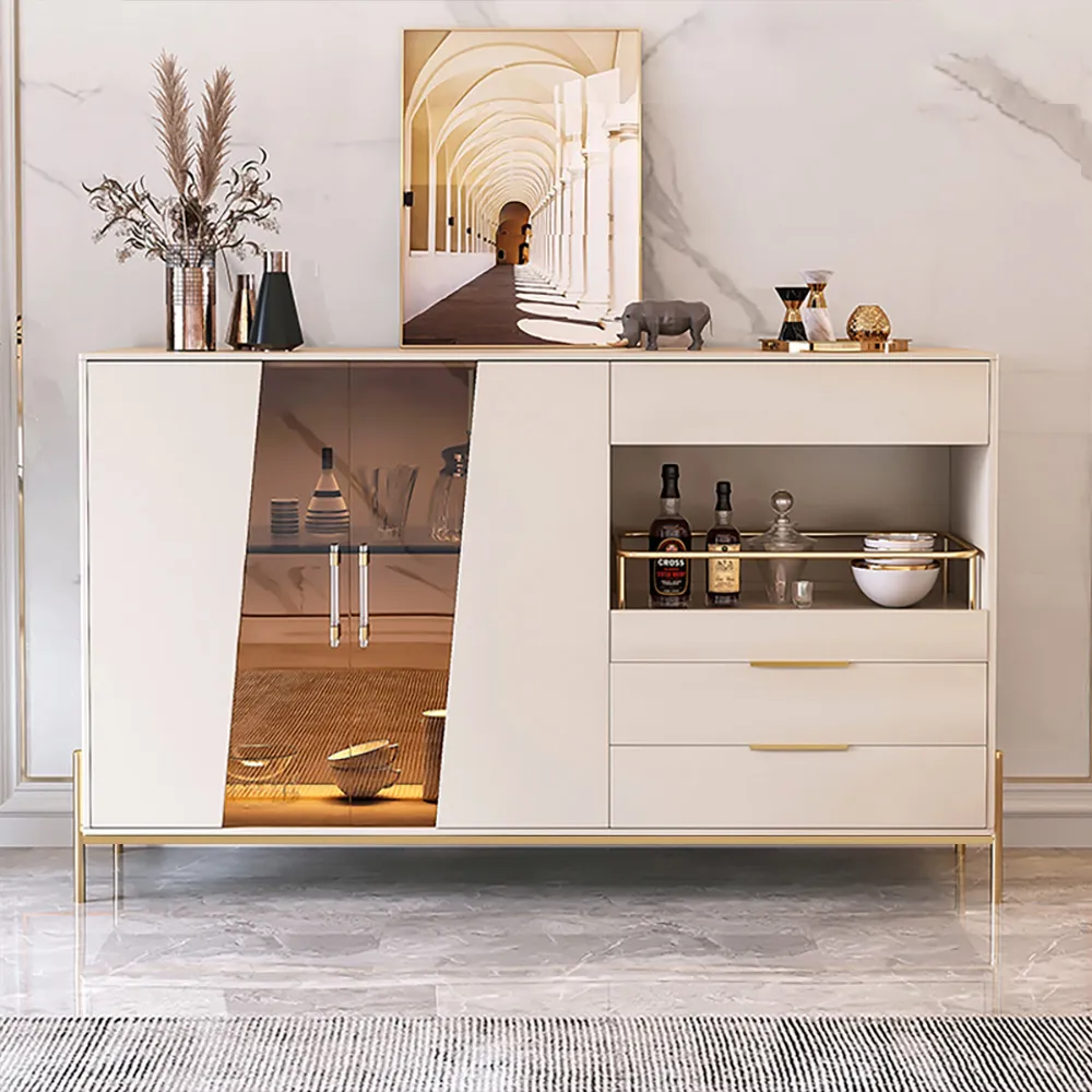 Dolawn 1400mm Light Khaki Sideboard Buffet Tempered Glass Doors & Shelf Tray Wine Rack