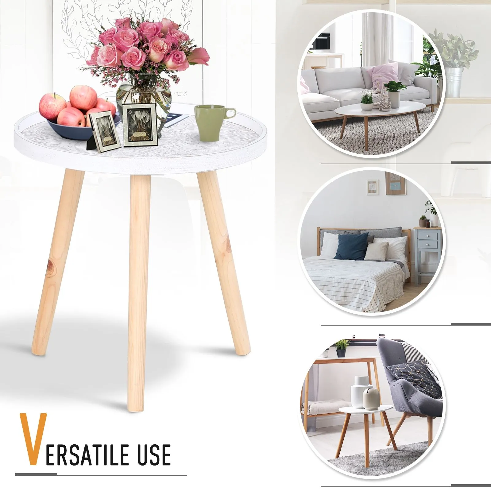 HOMCOM Bedside Round Table Solid Wood Legs Sofa End Side Coffee Table in White 6