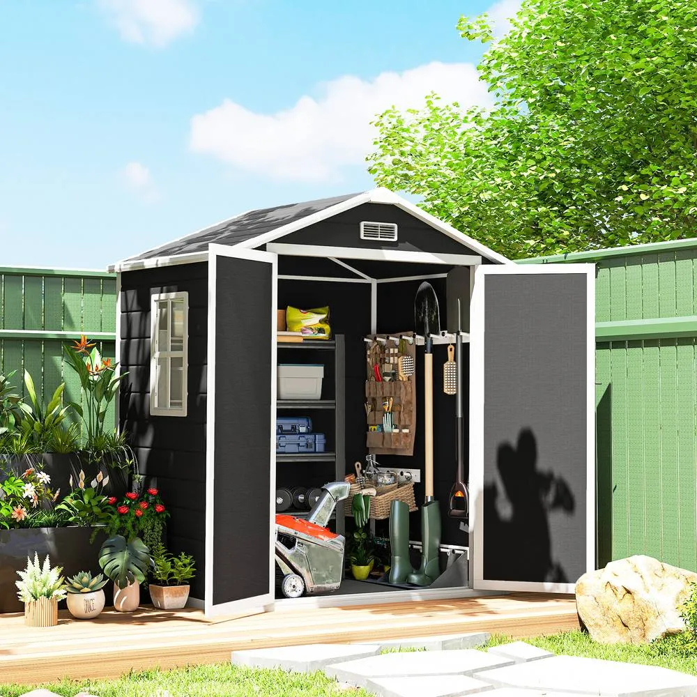 OUTSUNNY Garden Shed 6'x4.5' Plastic Tool Storage House Lockable Double Doors in Black