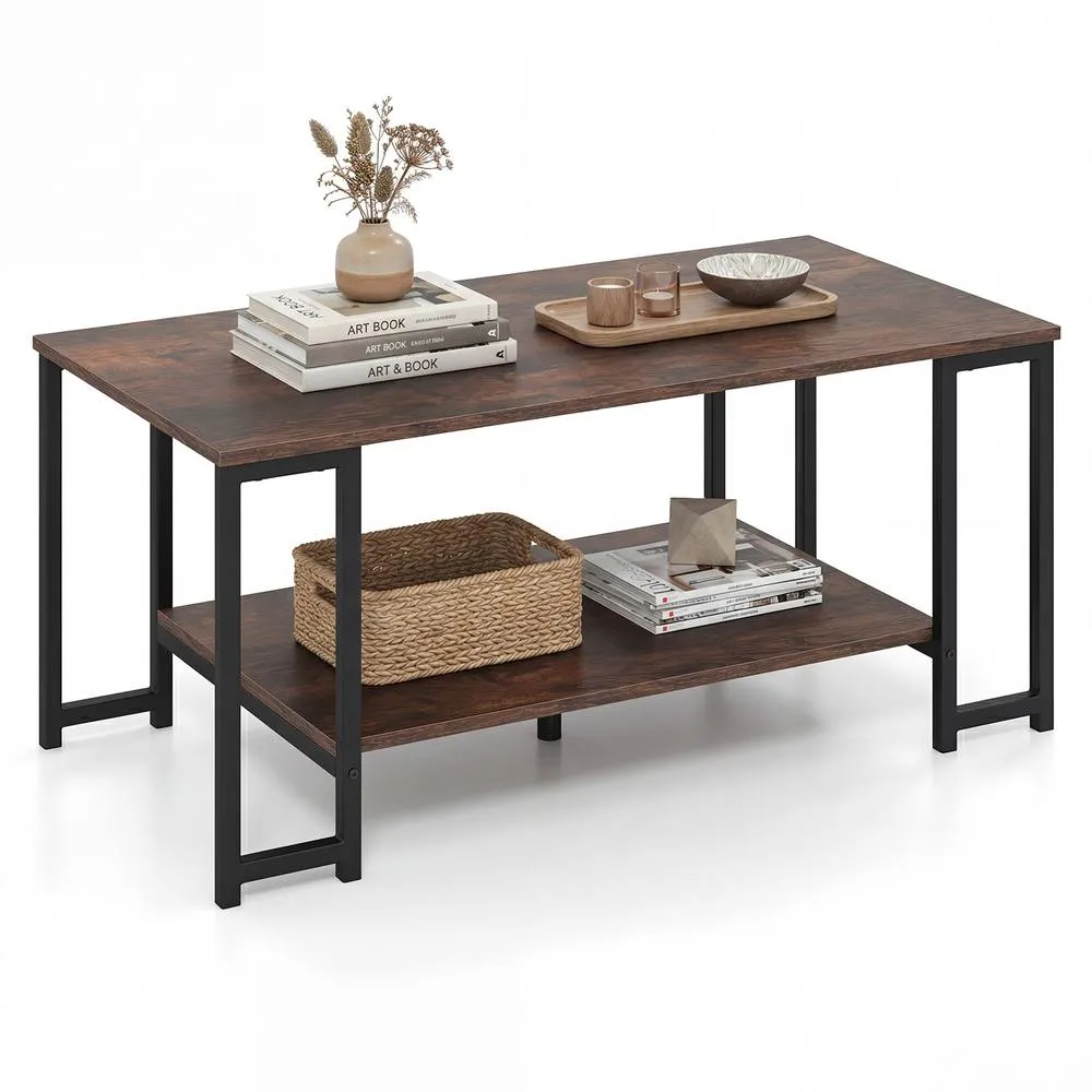 Costway 2-Tier Coffee Table Rectangular Cocktail Table Center Table w/ Shelf in Brown 3
