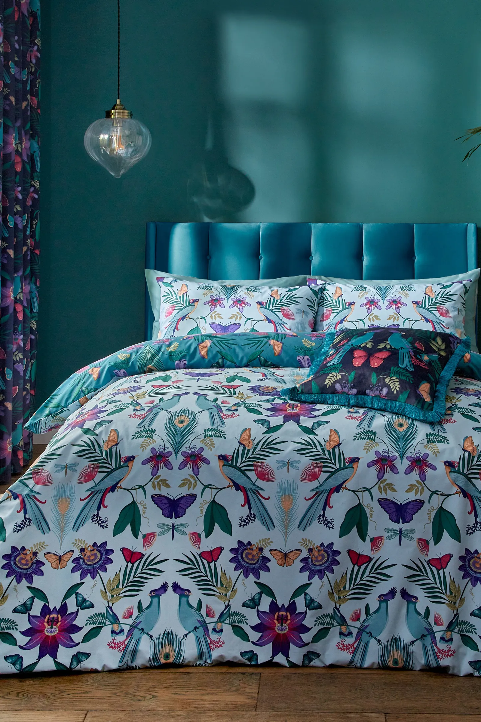Catherine Lansfield 'Mya Tropical Floral' Reversible Duvet Cover Set in Duck Egg Blue