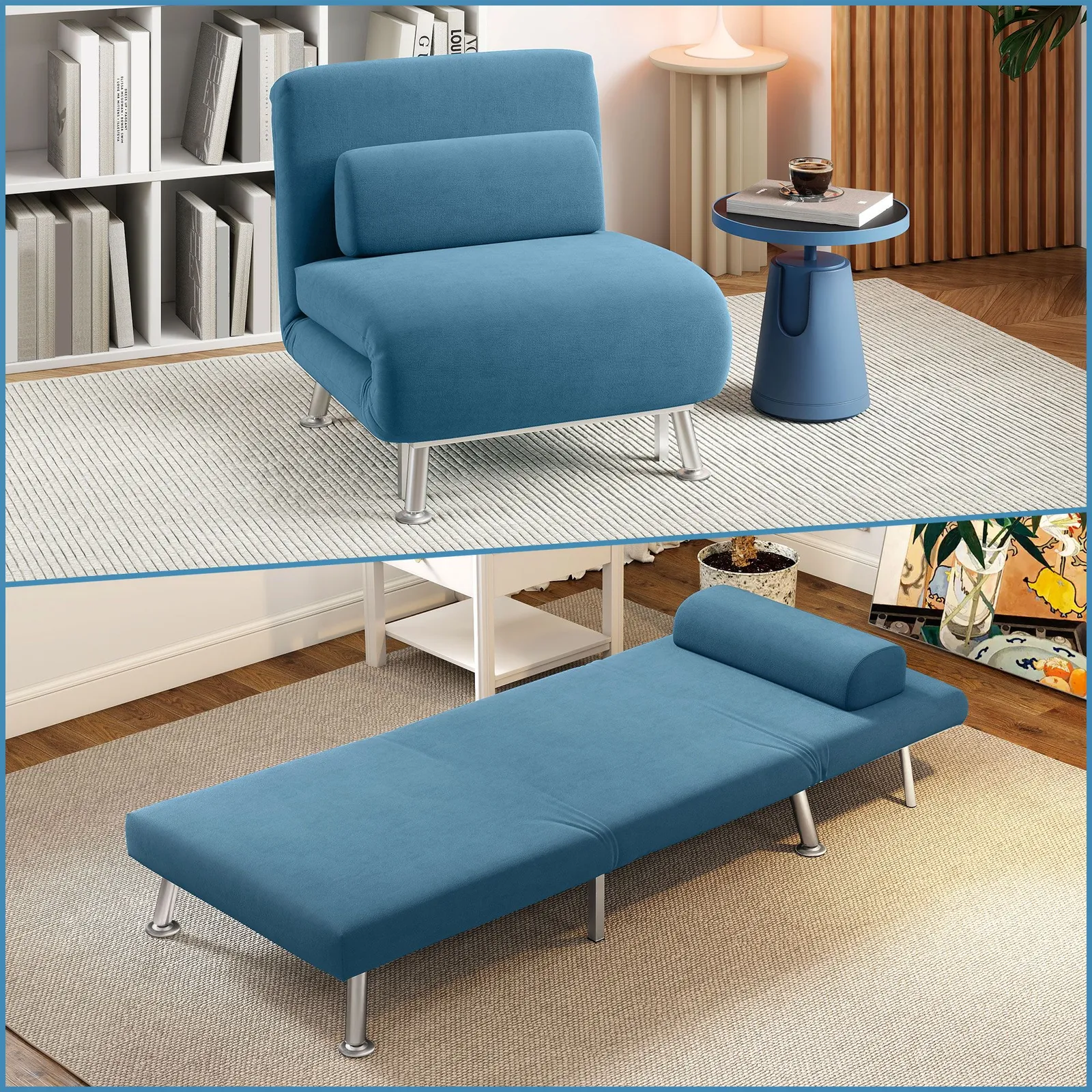 HOMCOM Folding 5 Position Convertible Sleeper Bedroom Chair Bed Blue
