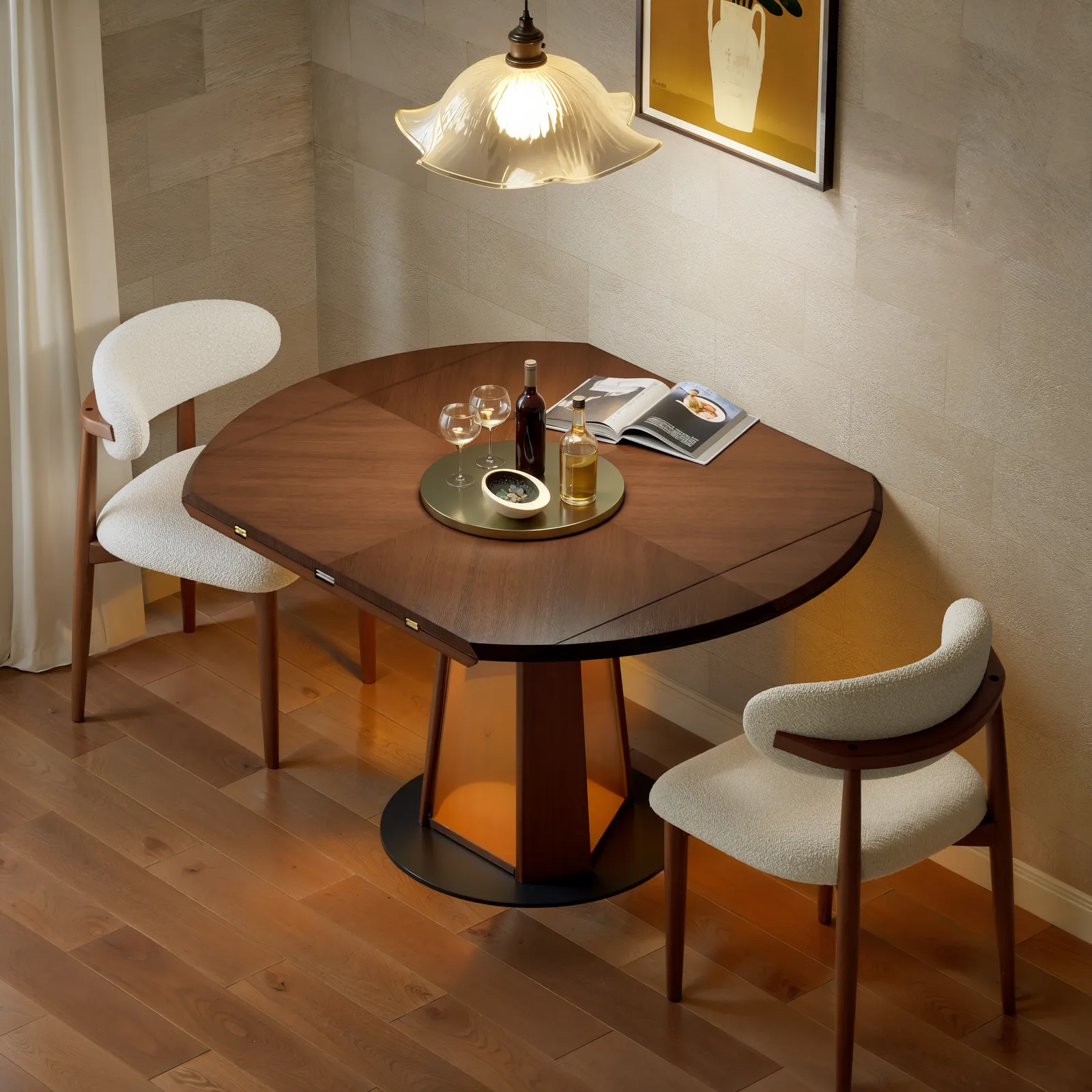920 mm-1200 mm Solid Wood Extendable Dining Table with Light