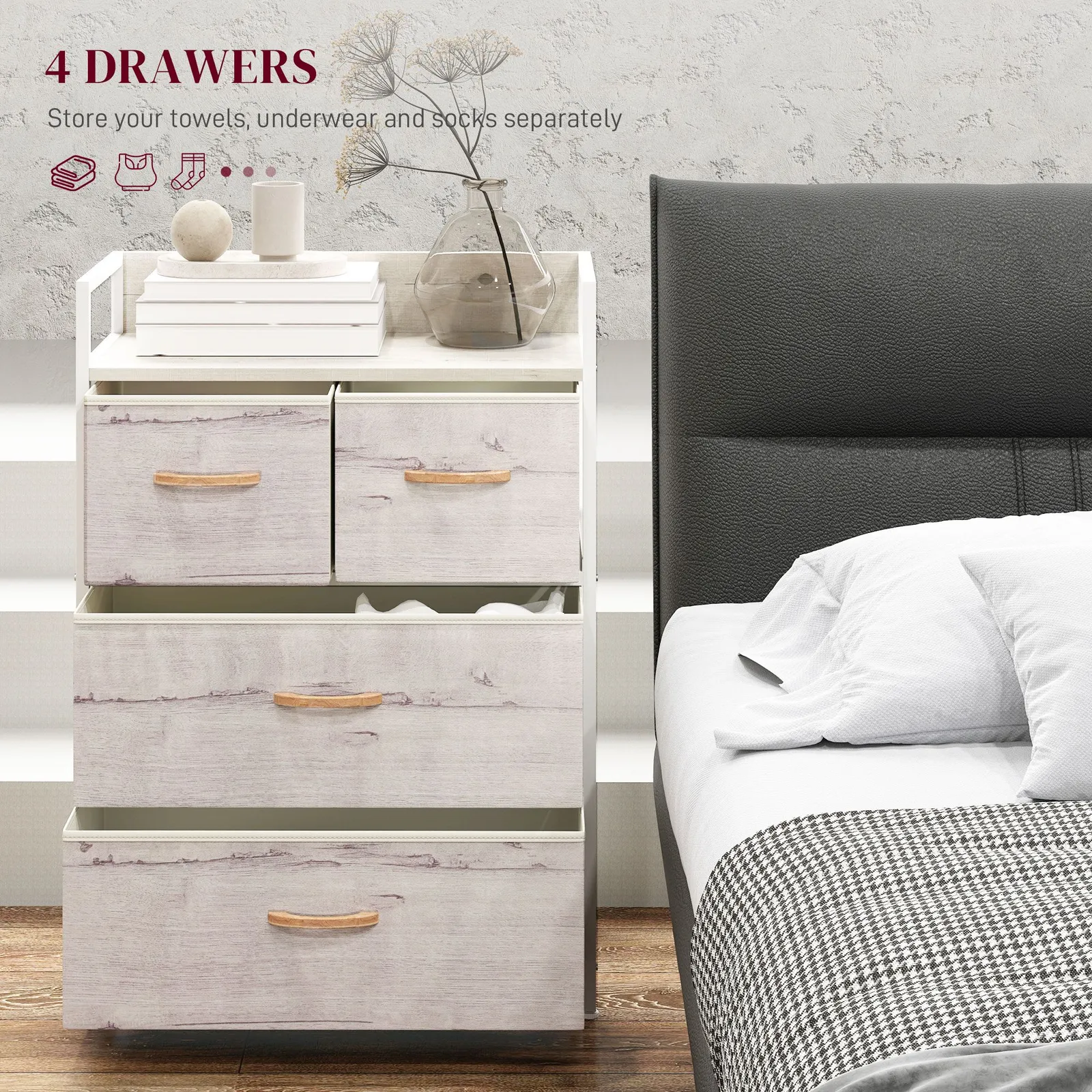HOMCOM Bedroom Chest of Drawers 4 Drawer Dresser w/ Shelf, Natural 4